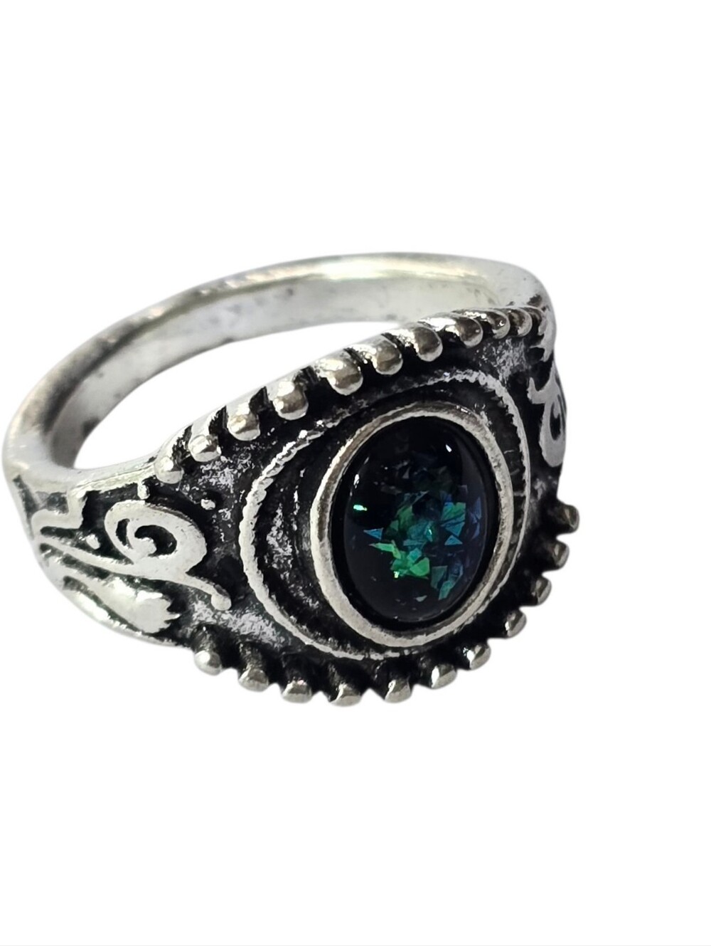 ABALONE SHELL OVAL TURQUISE & GREEN  NEW QUALITY TITANIUM SILVER SIZE 6 RING